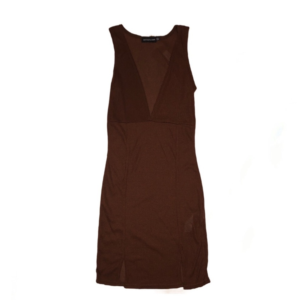 PrettyLittleThing Plunge Brown Bodycon Dress, Dark Brown, Size S
